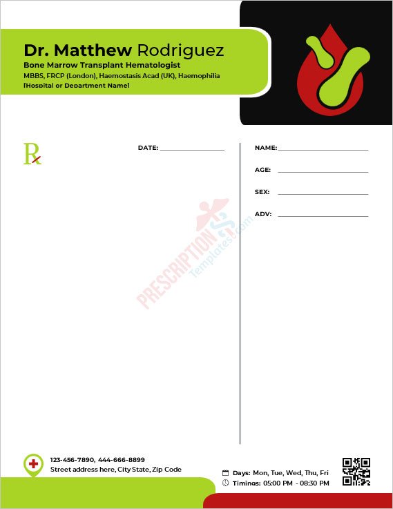Bone Marrow Transplant Hematologist Prescription Template