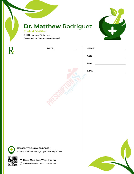 Clinical Dietitian Prescription Template