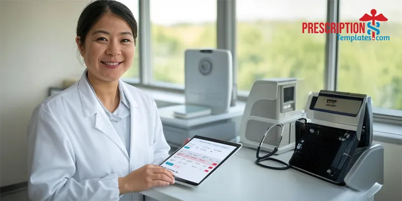 Female Doctor Holding Patient Tracker Tablet in Clinic