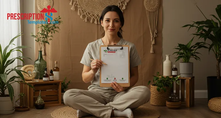 Woman acupuncturist in a tranquil studio holding a clipboard with a blurred letterhead