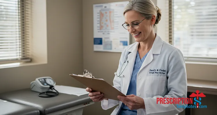 Woman family physician reviewing a clipboard with a blurred letterhead in a GP office