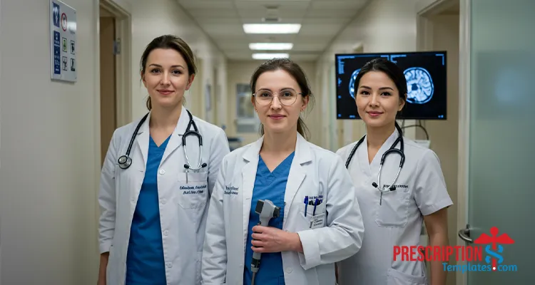 Three women medical specialists standing in a clinic corridor with subtle specialty cues