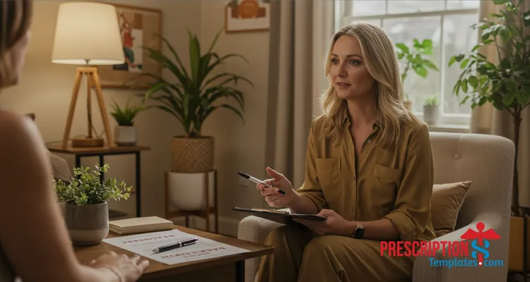 Woman psychologist in a calm office with a blurred letterhead on the desk