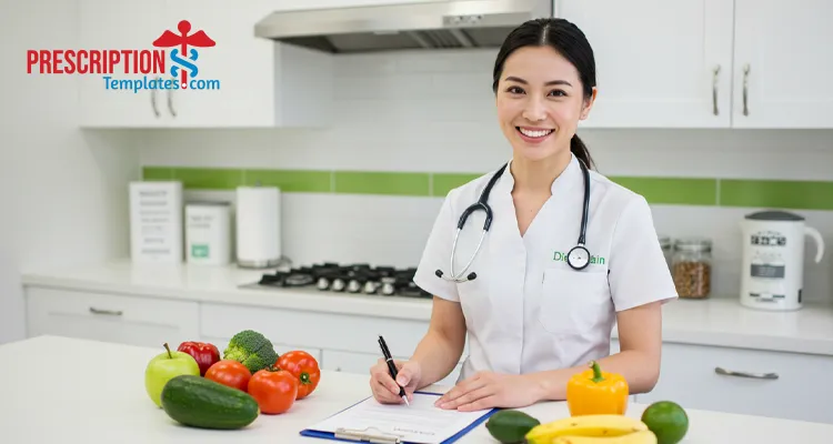 Woman dietitian with fresh produce and a blurred meal-plan letterhead on a clipboard