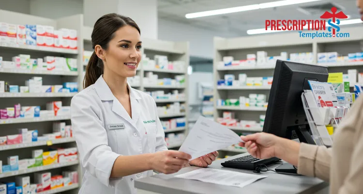 Woman pharmacist at a counter handing a blurred pharmacy letterhead to a patient