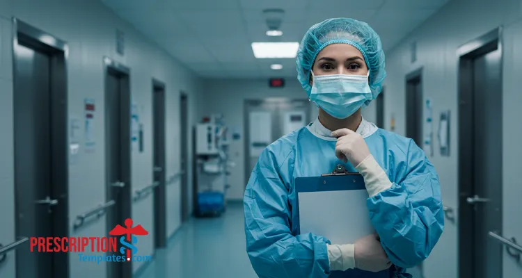 Woman surgeon in scrubs holding a clipboard with a blurred surgical letterhead