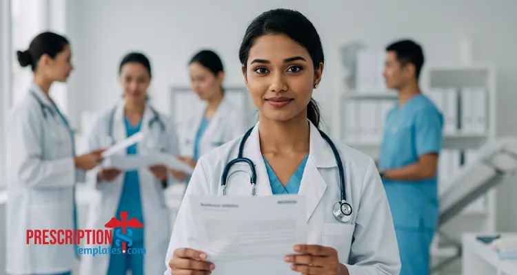 Woman doctor in clinic holding a blurred medical letterhead with team in the background