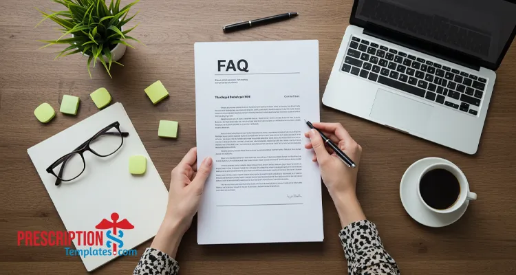Hands holding a pen over a blank medical letterhead on a clean desk for FAQs