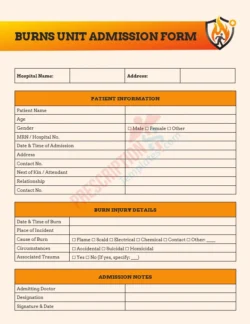 burns unit admission form template for flame, scald, or chemical burns evaluation