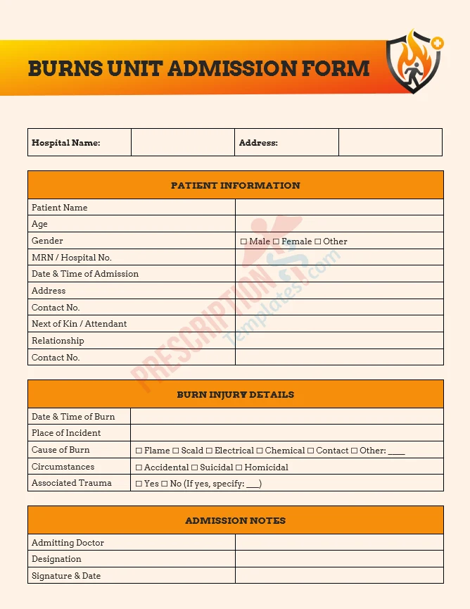 burns unit admission form template for flame, scald, or chemical burns evaluation