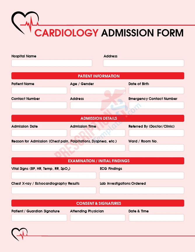 cardiology admission form template for heart patient assessment
