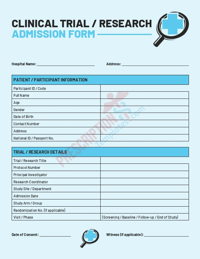 clinical trial admission form template for research participant enrollment