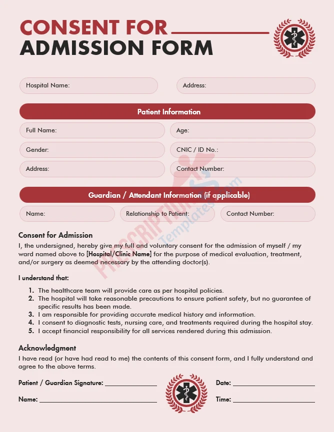 consent for hospital admission form template for patient authorization