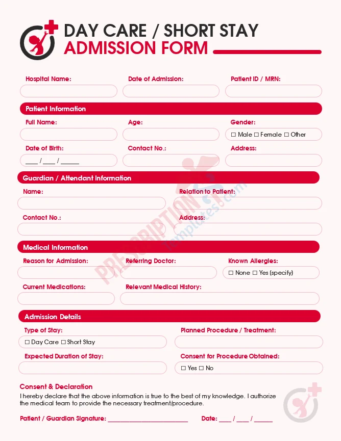 day care short stay admission form template for minor medical procedures
