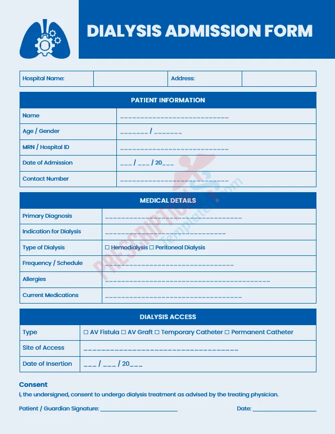 dialysis admission form template for kidney treatment and hemodialysis documentation