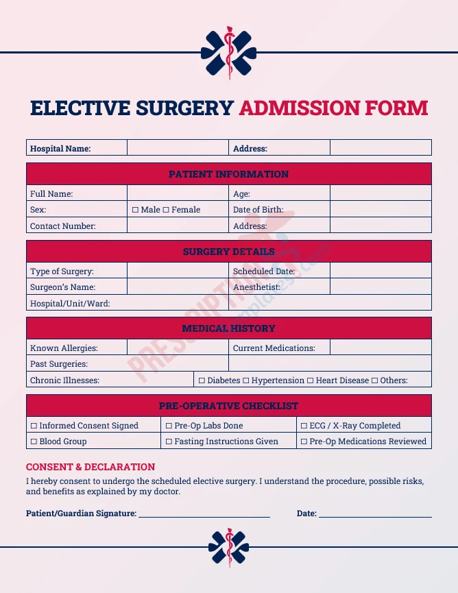elective surgery admission form template for scheduled surgical procedures