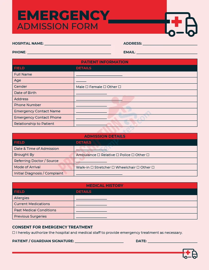 emergency admission form template for accident and urgent care patients