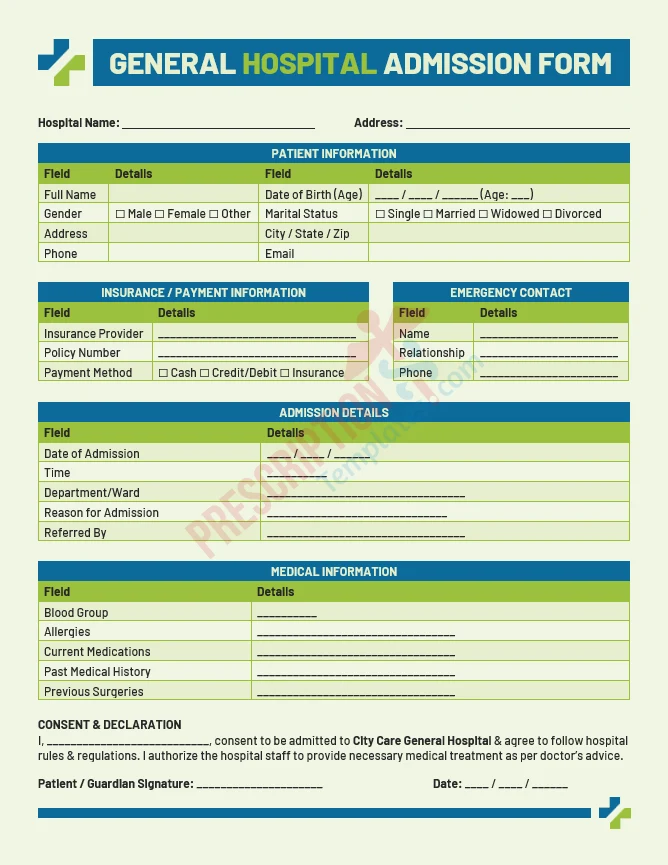 general hospital admission form template for standard patient intake