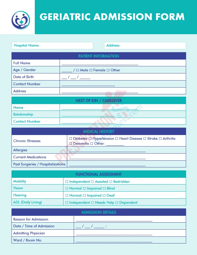 geriatric admission form template for elderly patient evaluation and functional assessment