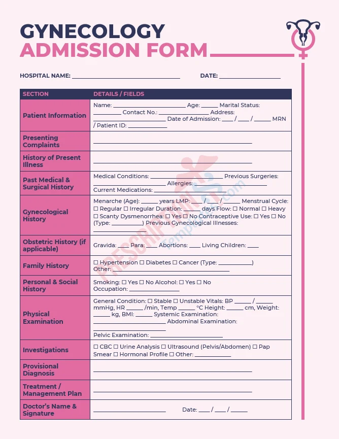 gynecology admission form template for women’s reproductive health documentation