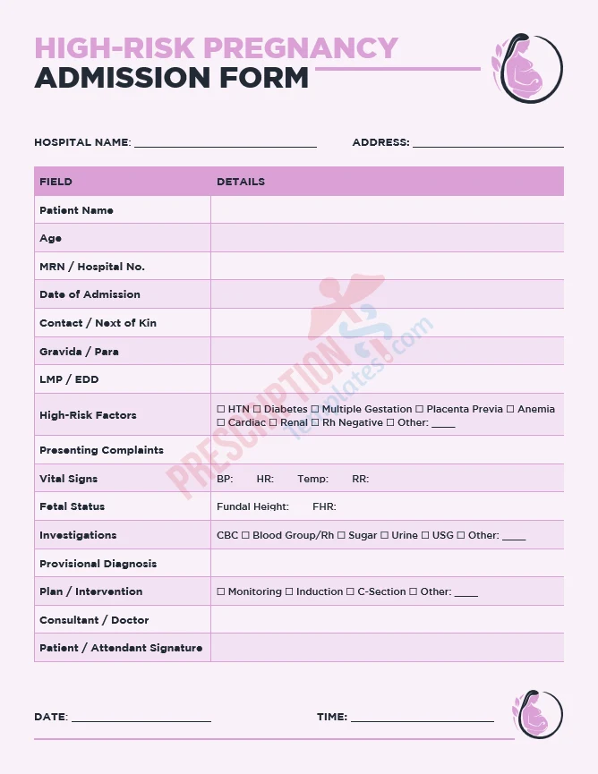high-risk pregnancy admission form template for obstetric assessment and fetal