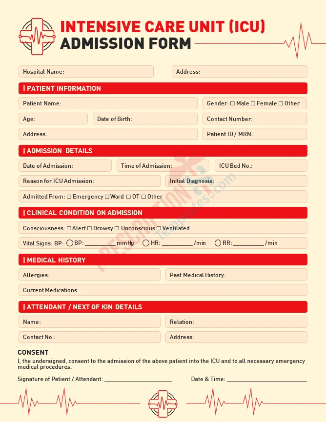 ICU admission form template for critical care patient documentation
