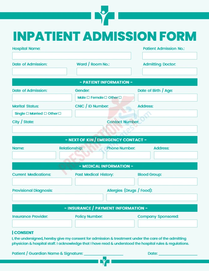 inpatient admission form template for hospital ward admissions