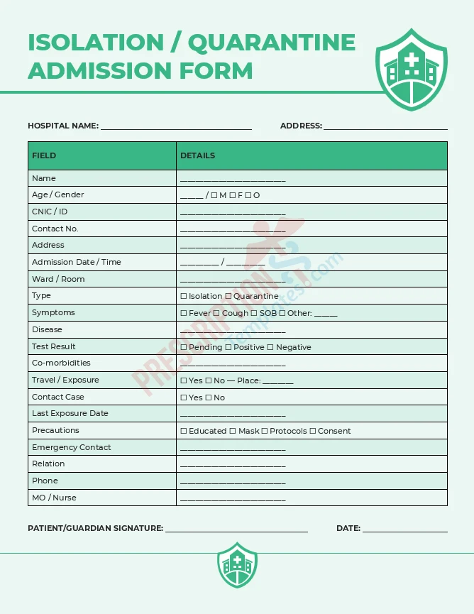 isolation quarantine admission form template for infectious disease control