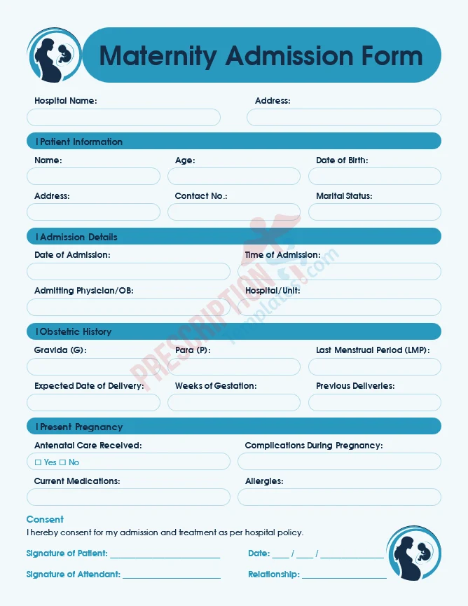 maternity admission form template for pregnancy assessment and hospital admission