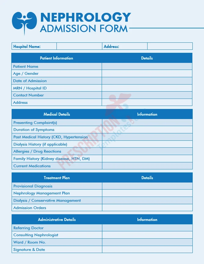 nephrology admission form template for kidney patient evaluation