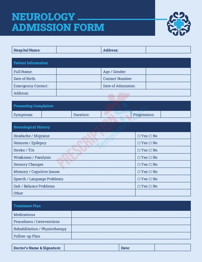 neurology admission form template for stroke and neurological assessment