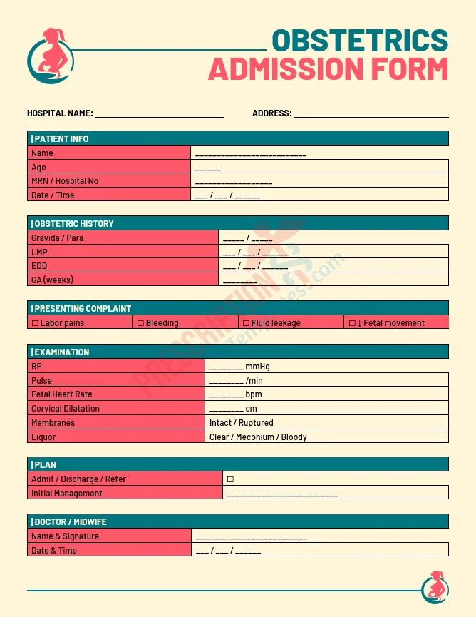 obstetrics admission form template for labor assessment and delivery planning