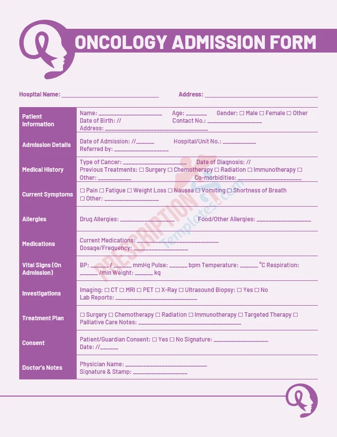oncology admission form template for cancer patient management