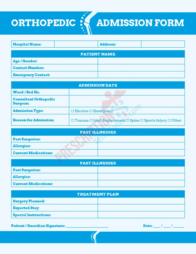 orthopedic admission form template for fractures and musculoskeletal injuries