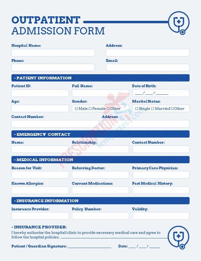 outpatient admission form template for clinic and OPD registration