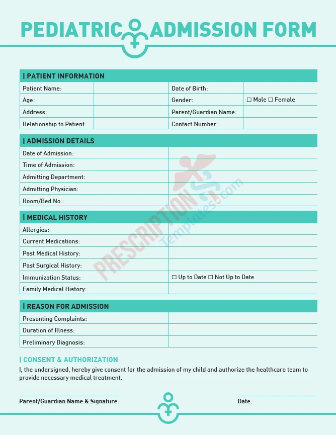 pediatric admission form template for child patient assessment and documentation