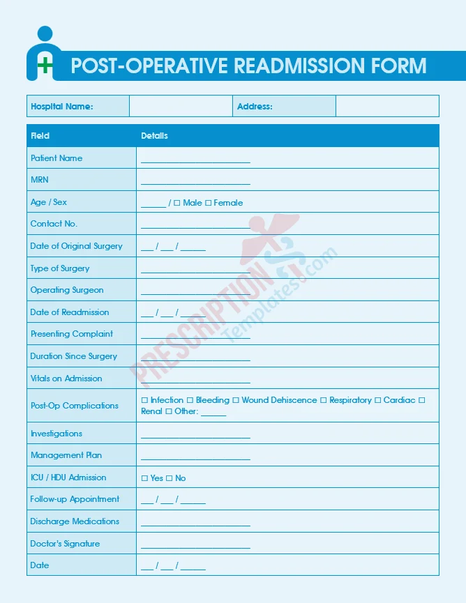 post-operative readmission form template for surgical complication assessment