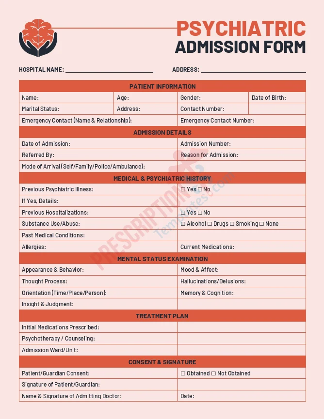 psychiatric admission form template for mental health evaluation and MSE documentation