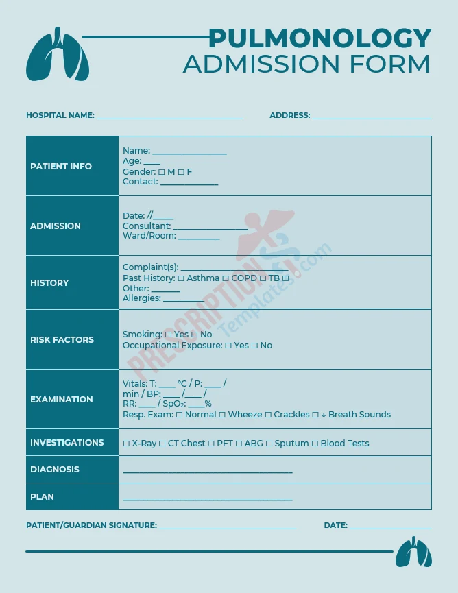 pulmonology admission form template for respiratory illness documentation