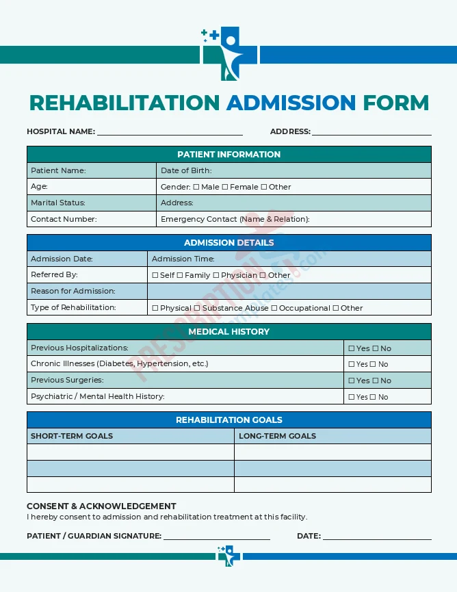 rehabilitation admission form template for physical therapy and recovery program