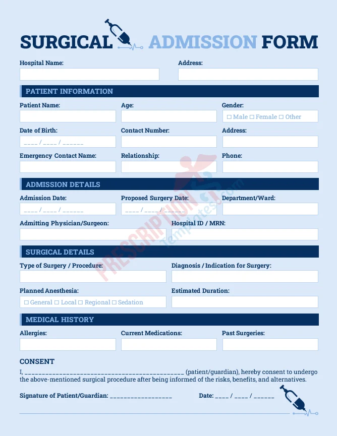 surgical admission form template with procedure and anesthesia details