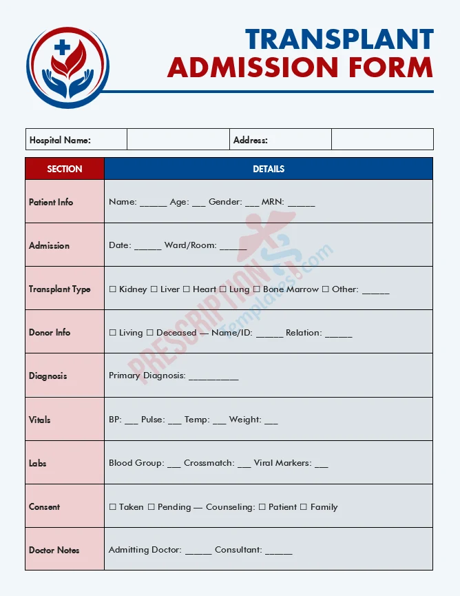 transplant admission form template for organ transplant patient evaluation