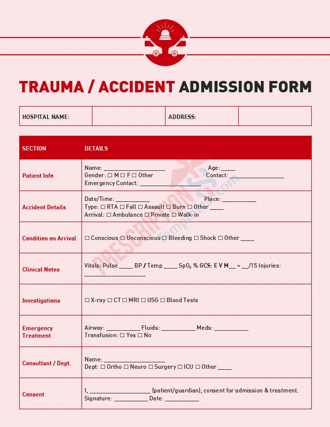 trauma accident admission form template for emergency injury assessment
