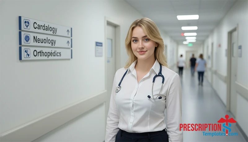 Woman in hospital hallway representing department-specific admission forms categories