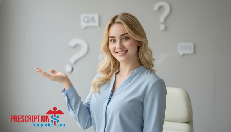 Smiling woman with question icons in background representing the FAQ section for hospital admission forms