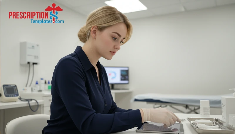 Professional woman in clinical procedure room representing procedure-based admission forms