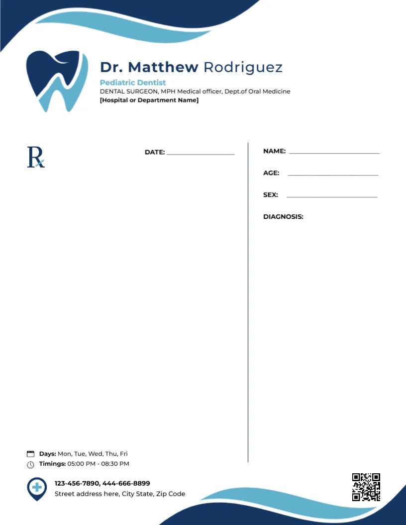 Pediatric Dentist Prescription Design Template