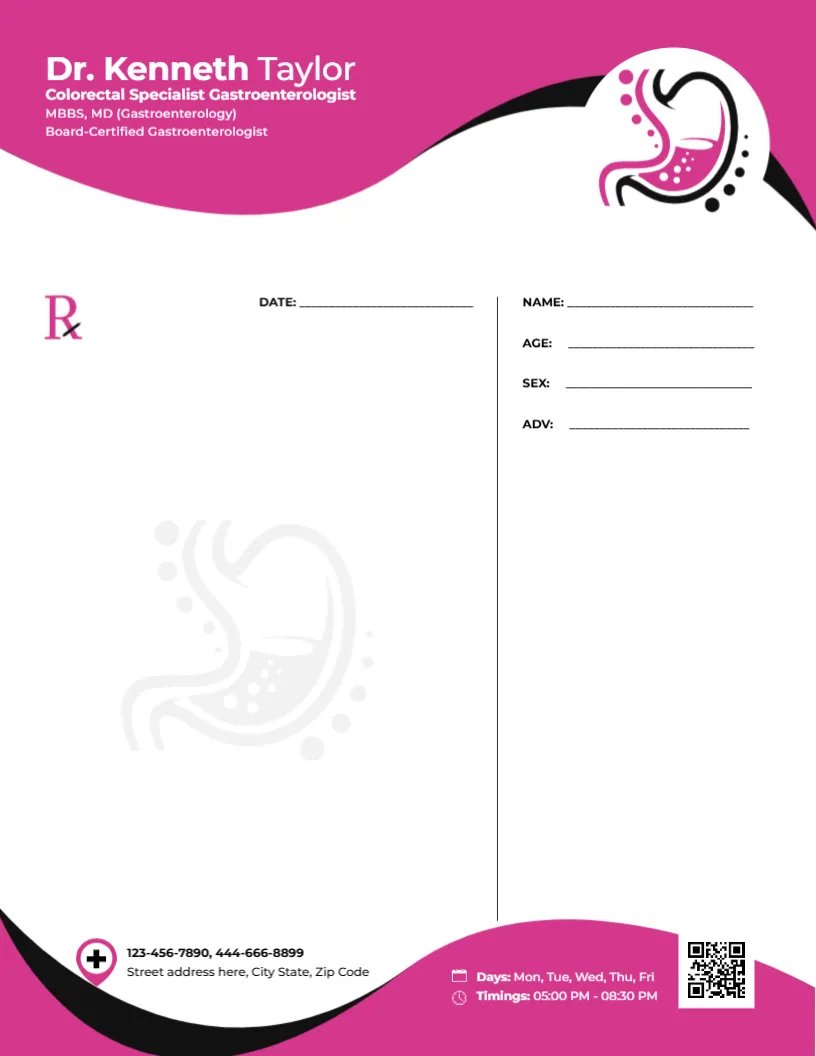 Colorectal Specialist Gastroenterologist Prescription Template