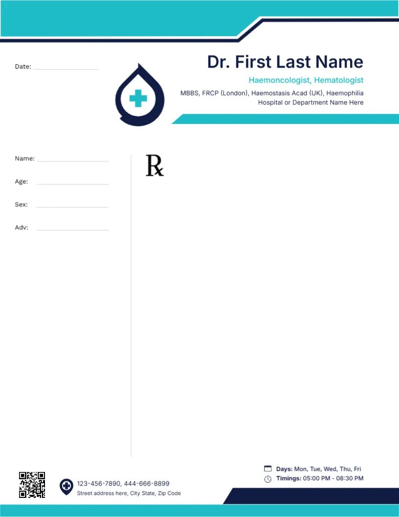 Hematology Clinical Prescription Pad Template