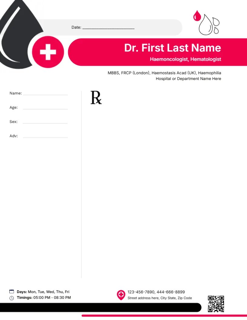 Blood Disorders Treatment Prescription Pad Template